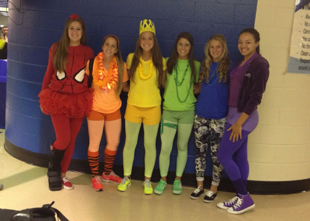 Dressing up as the colors of the rainbow, seniors Jamie Szymkowicz, Miranda DeBellis, Emily Rizzi, Caitlin Carroll, Brooke Thousand and Victoria Genna participate in Tuesday’s spirit day. We all just thought it would be a cool way to incorporate the rainbow theme and dress wacky-tacky too, Rizzi said. Students also wore tie-dye and bright colors. 