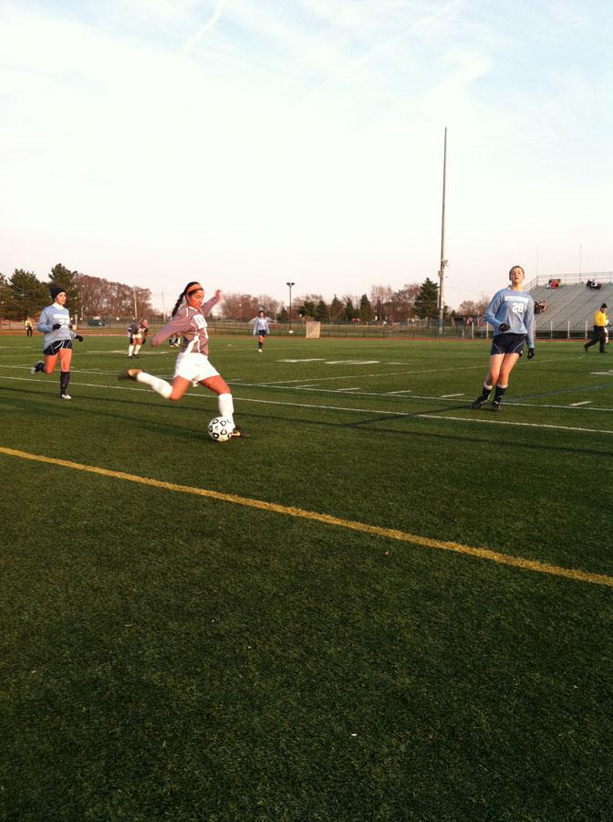 During the first half, senior outside defender Taylor Kastens crosses the ball into the 18 yard box. Weve had a rough start to the season but we have good team chemistry and work ethic, Kastens said. I believe by districts we will be a very hard team to beat. The game ended 0-1, Stevenson taking the win.
