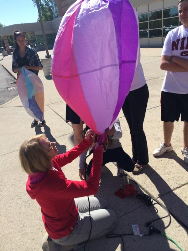 AP Chemistry teacher Melissa Minton sets up a hot air balloon for her class.