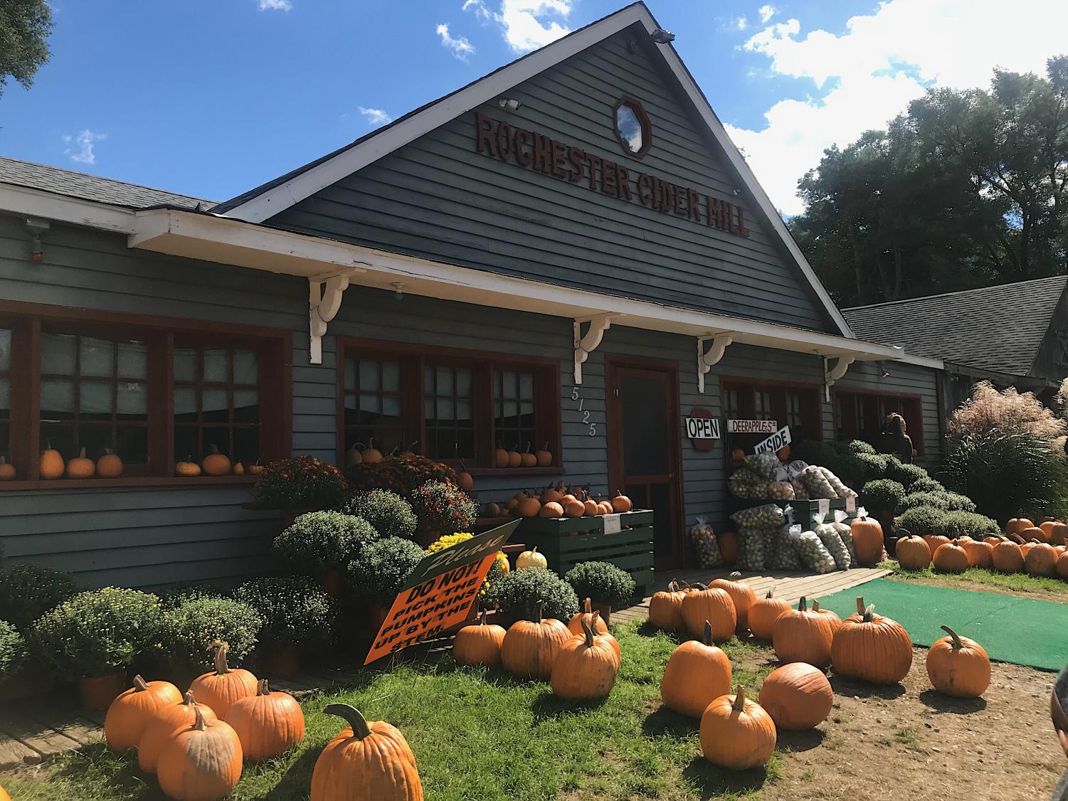 Rochester Cider Mill on Rochester Rd, Rochester. Rochester Cider Mill is decorated with pumpkins and is ready for fall.