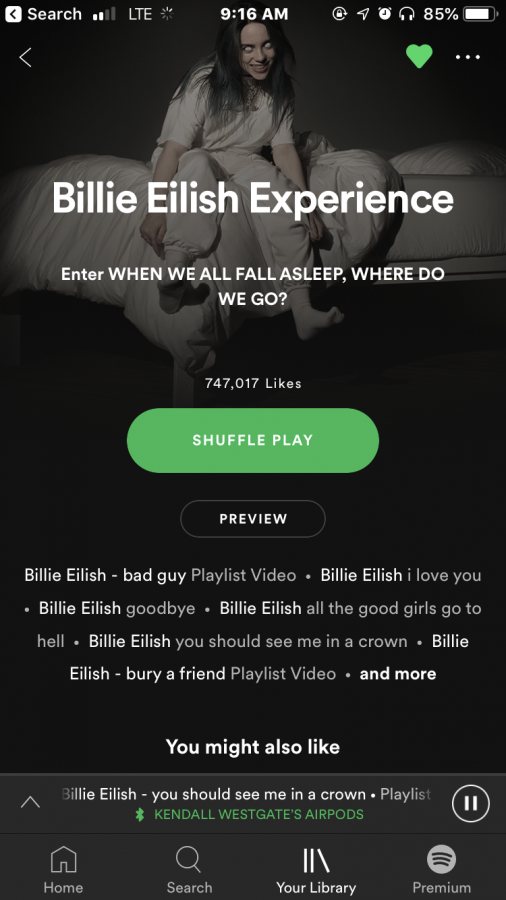 Billie+Eilish+has+music+uploaded+on+Spotify+to+listen+to.