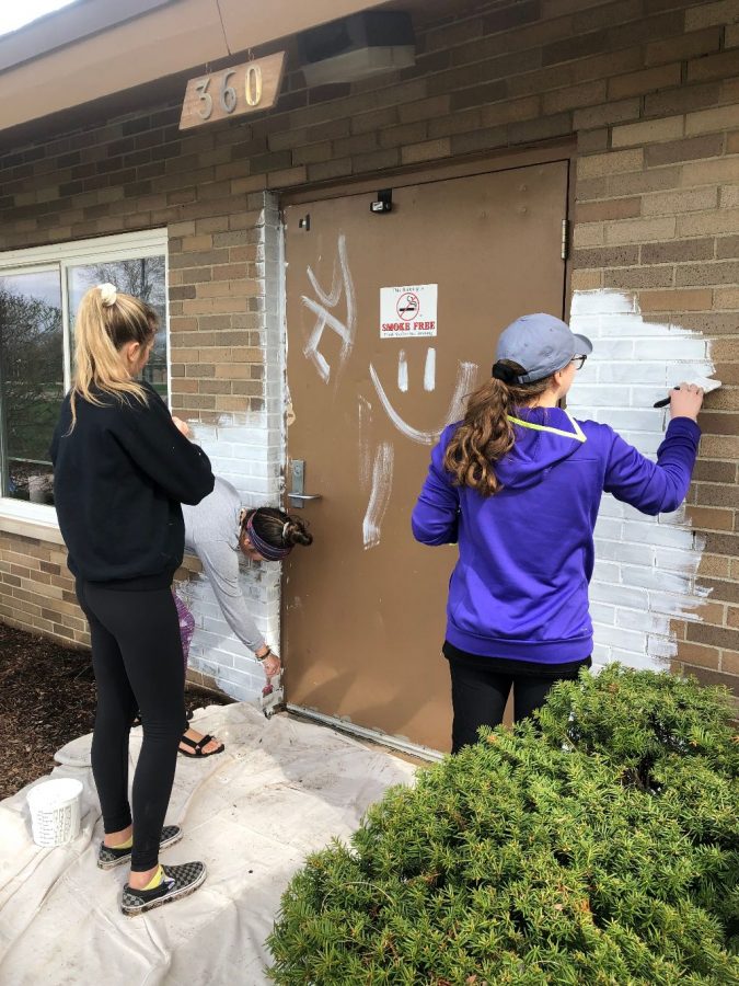 Art club students priming the Civic Center wall.