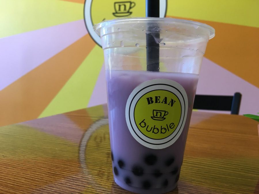 Taro bubble tea presented at Bean n Bubble cafe. 