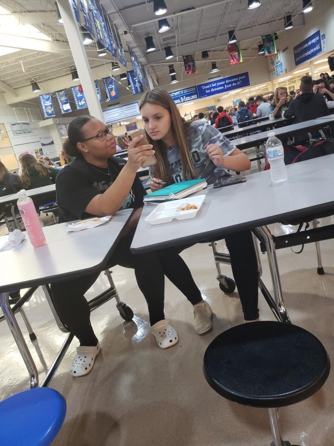 While at lunch, sophomores Piper Rodriguez and Neveah Rowe shared memes on their instagram feed. “I show her a lot of things because it annoys her,” Rowe said, although Rodriguez  doesnt really mind.

