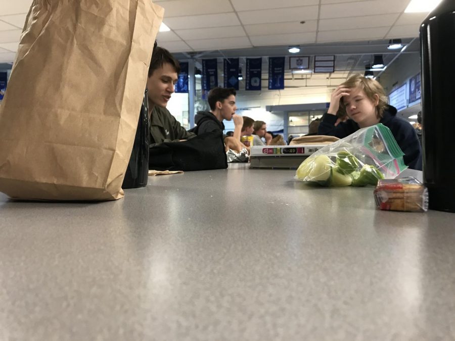 During B lunch in the cafeteria, sophomore Hayden Vassuer eats his bought lunch.”I am very lazy, so I usually just get hot lunch, but it depends on the day,” Vassuer said. He preferred the taste of bought lunch than to bring lunch.

