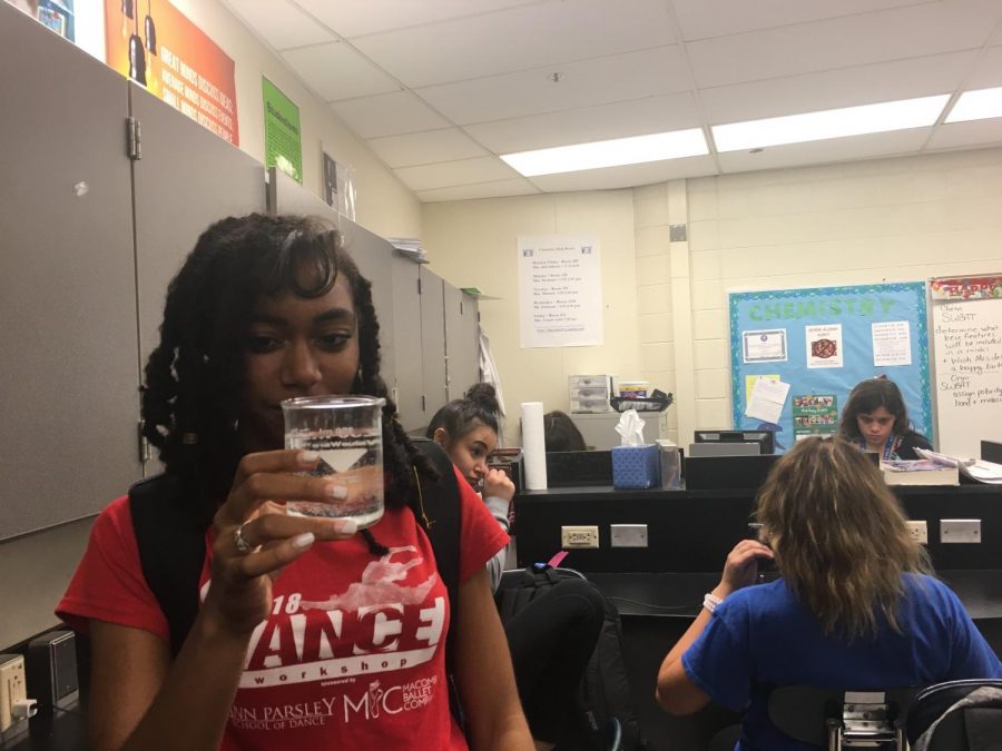 While waiting for her partner to finish up, junior Amira Martin checks the amount of water in the beaker. “My favorite part about the lab was learning how chemical reactions occur,” Martin said.  After, Martin worked on the rest of the lab.
