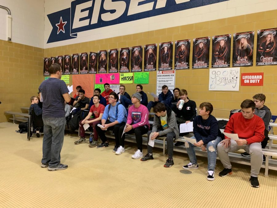 Lecturing the boys on what is expected for the new year, swim coach Brian Cahill talks with the boy’s swim team, both future and returning swimmers, about the new season. “Were looking forward to just having fun with the kids, getting to know them and seeing the different changes that they have coming from the beginning of the season to the end of the season,” Cahill said. They signed up for the team and learned the requirements to join.