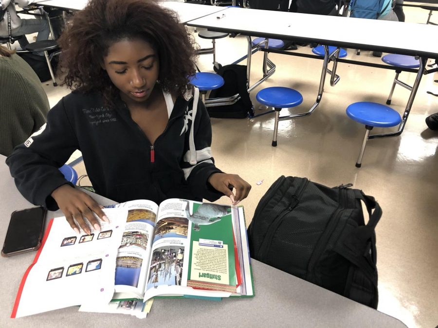 Looking through a book, sophomore Anya Jones studies for school. “[The school needs a higher budget] because this book is falling apart and multiple other books I’ve had in the past have also fallen apart or had stuff written in them,” she said. The millage vote could increase school funding across Macomb county.