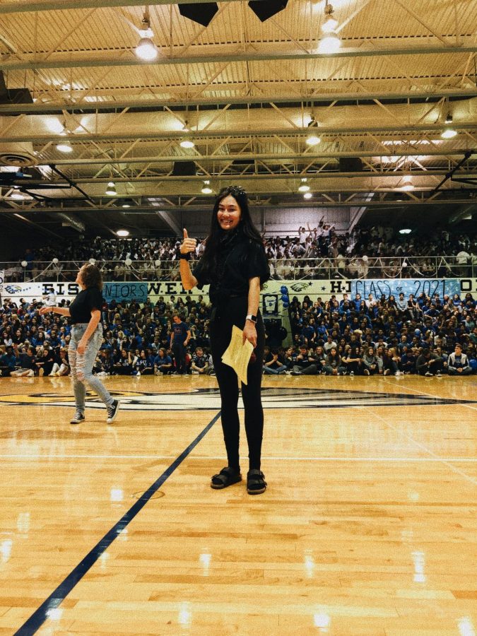 Isabella Lee hosts the 2019 homecoming pep assembly. “I was extremely anxious but was so excited to see everyone participating in the spirit day and being excited for the assembly,” Lee said. After the homecoming pep assembly, Lee continued leading the student council events throughout the year and finding new leadership opportunities outside of school.