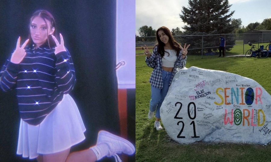 Left: Taking a picture for Instagram, senior Jaden Potance shows off a thrifted long-sleeve polo and tennis skirt. “I thrift because it’s cheap and instead of spending a lot of money on buying new clothes and putting these clothes to waste, you can just upcycle the old clothes,” Potance said. On Instagram, her followers had no clue that she bought her styles secondhand.

Right: Wearing a thrifted flannel, senior Shealee King signs the senior rock. “I like thrifting because it’s an easy way to get clothes that match my style without having to spend a lot of money. It’s also a great alternative to fast fashion, as it’s sustainable,” King said. As a retail worker, King appreciates the option of a lower priced, eco-friendly clothing source.