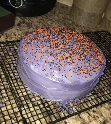 Having finished all school work, sophomore Savannah Beydoun bakes a colorful cake. “I loved putting on the frosting, the sprinkles were so much fun,” sister Samantha Nowak said. It is in the family’s calendar to try this recipe again with new frostings.
