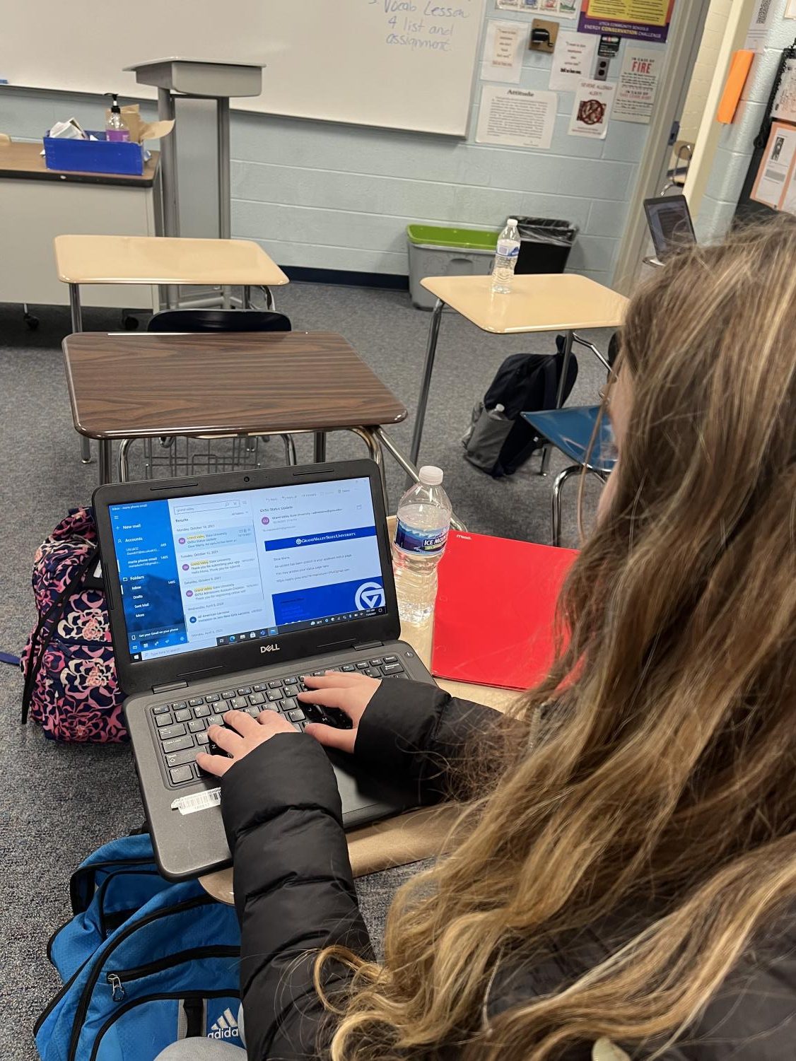 Senior Maria Dunn checks her email to hear her results from colleges. By applying early, she has received information from most of the colleges she applied to. “I feel so much better about the future knowing I have already got into some of the colleges I applied to,” she said.