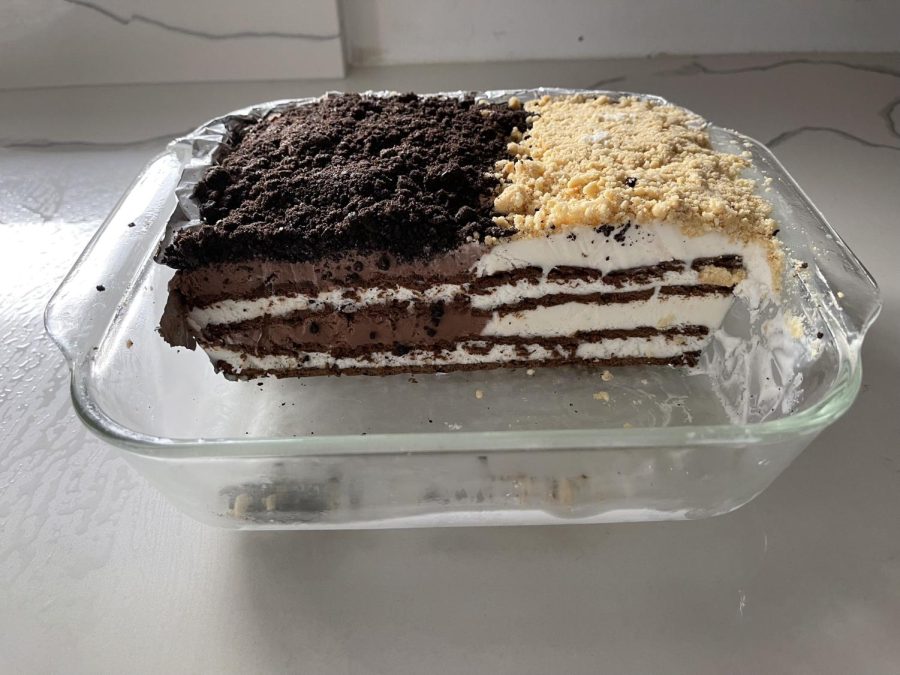 The cake is freshly cut and ready to be eaten. “Its like all of your favorites as a kid rolled into one,” Michelle Schwarz said. This particular cake was split so it was half vanilla and half chocolate.
