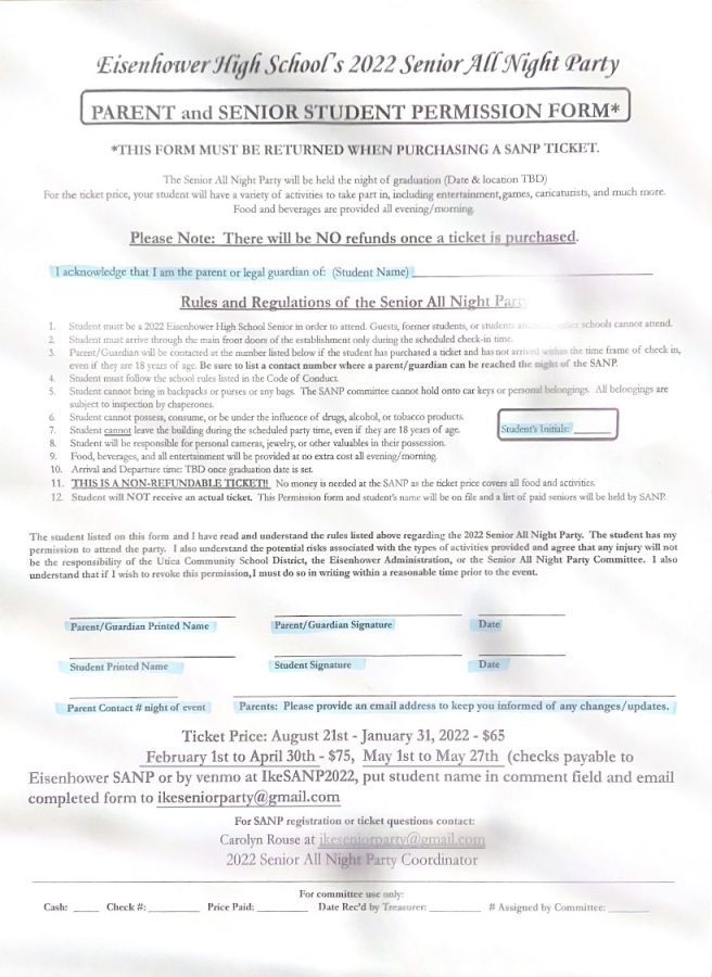 The seniors attending the All Night Senior Party held at Dave and Busters require the permission slip (shown above). What is needed to be filled out on the permission slip to be accepted is everything highlighted in blue. 
