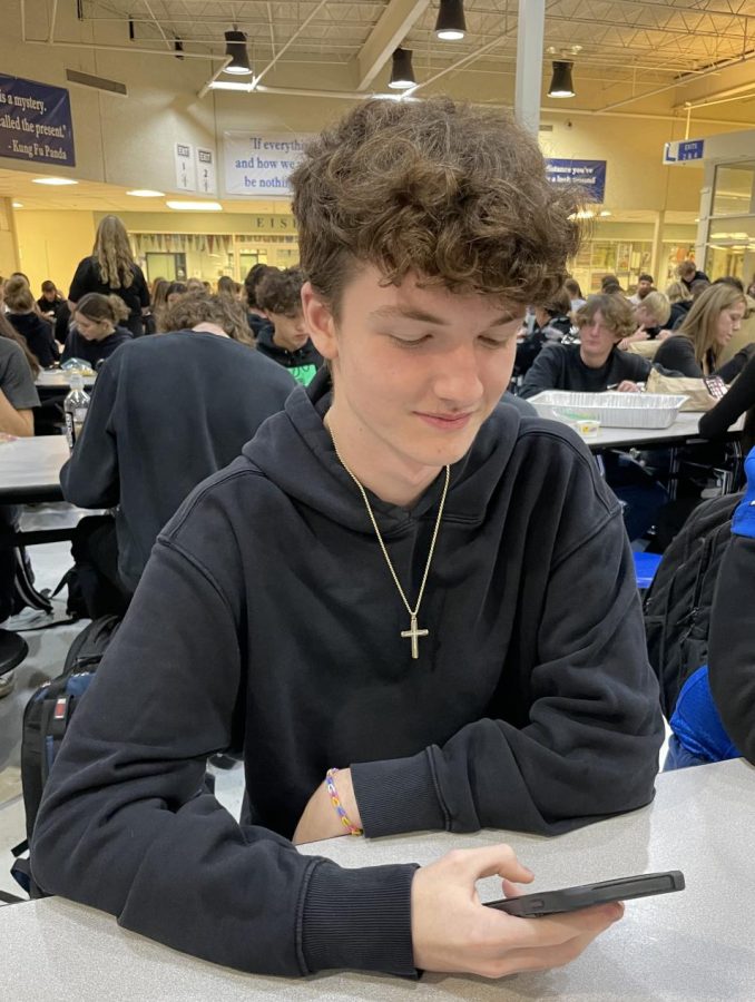 Back in black. Enjoying lunch, junior Noah Gjolaj wears all black. “It’s blackout day and I gotta represent, you know it’s all about school spirit.” He said. “I am definitely going to the game; we are going to win and with style.” 