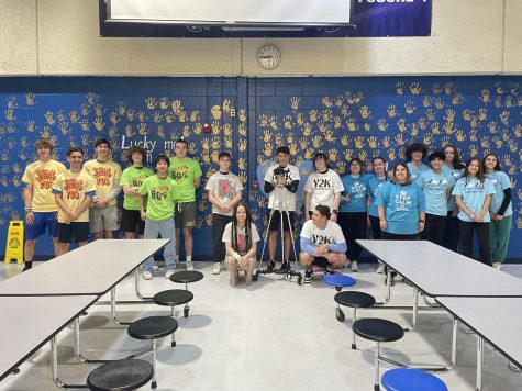 Hipsters to hashtags. Mrs. Dawson’s second hour film class prepares for the first ever lip dub. Each of their shirts represent the decade section they contributed to.