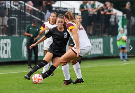 Once an Eagle, now a proud Spartan, alumna Lauren DeBeau faces off against Central Michigan in a soccer match. DeBeau was named the spartan Second Team-All American, the Big Ten Forward of the year, a member of the All-Big Ten First Team and TopDrawerSoccer, as well as the College Soccer News National Player of the Week.