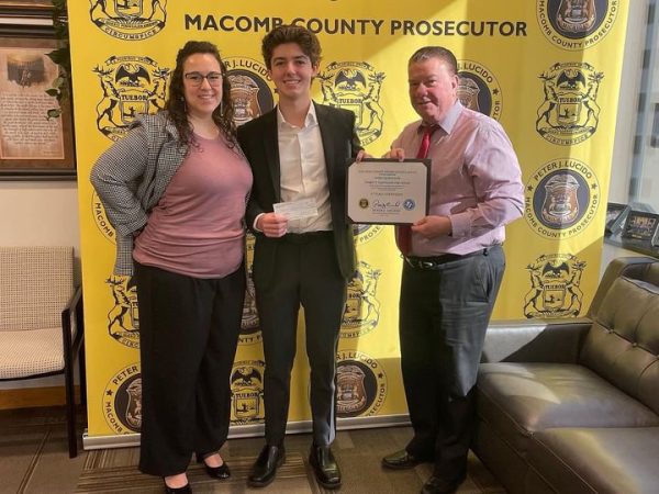 On May 2, Junior Jordan Serafimovski was able to go down to the Macomb County Prosecutor’s office. Junior Jordan Serafimovsk was rewarded for his video submission which garnered attention towards school violence. 