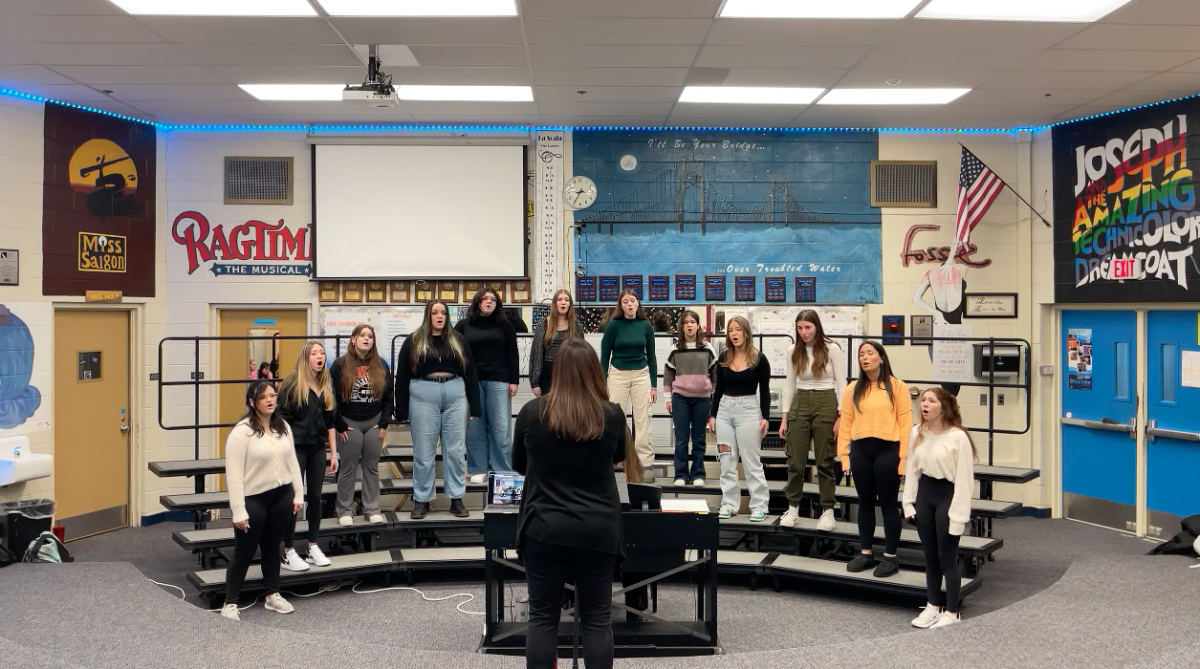 Harmony highs. Rehearsing their songs for the Michigan School Vocal Music Association All-State-Festival, the Women’s Chorus Blue Ensemble perform for choir teacher Julia Holt. To make it to the festival, ensemble members previously competed in the state solo and ensemble festival. “It (rehearsals) can be stressful but in the best way because we’re all learning songs that we know we’re going to sound great for in the end. And we all work really hard to get where we are,” junior ensemble member Raegan McCloud said.
