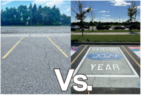 Incoming senior president Michael Smolenski wants to fight for
the privilege to paint senior parking spots. On the left, the school
doesn’t permit painted parking lots, unlike Romeo, on the right.