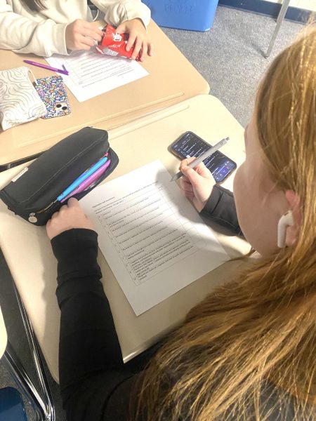 Listening to music, sophomore Laila Calce completes her homework. She listened to popular music genres like R&B while focused in class. 