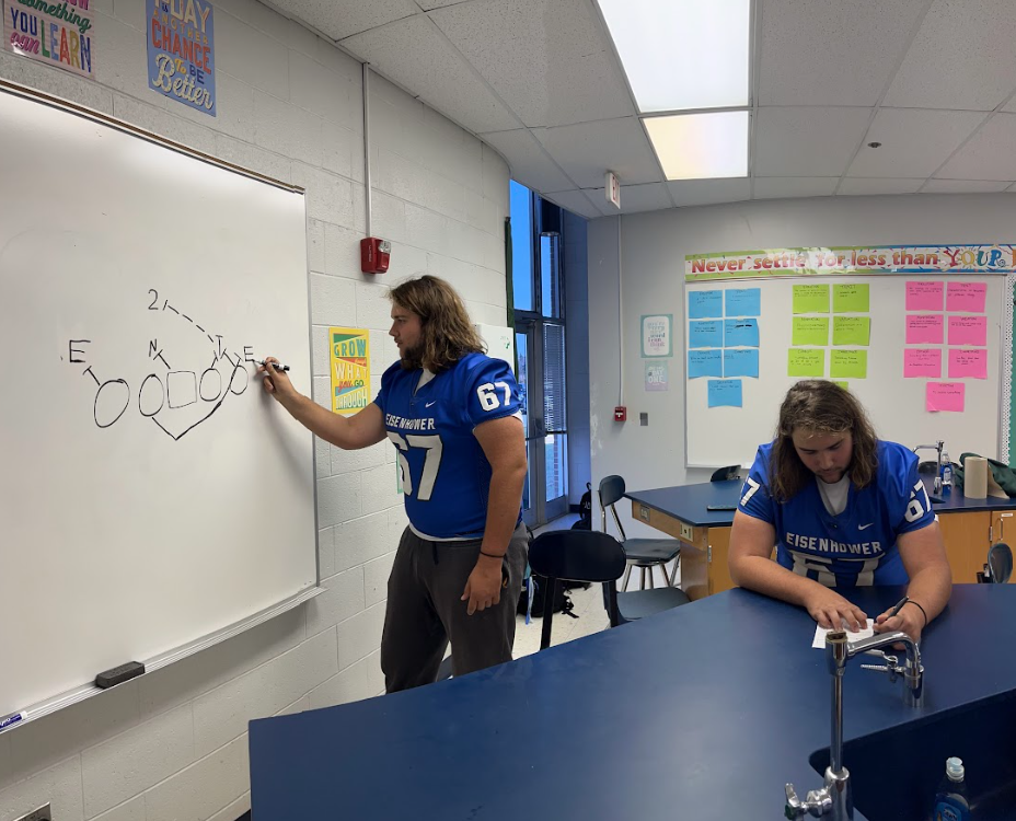 Senior varsity football player Christian Ivezaj demonstrates how his sport impacts his actions in class. Sports marginally increase students' grades and amplify their academic achievements, according to uchicago.edu.