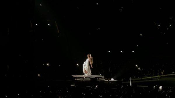 Taylor Swift sings “Who’s Afraid of Little Old Me?” on night three of the Paris shows, her third time after debuting “THE TORTURED POETS DEPARTMENT” two nights prior. She levitates down stage on the rover, which is driven by a crew member from inside.
