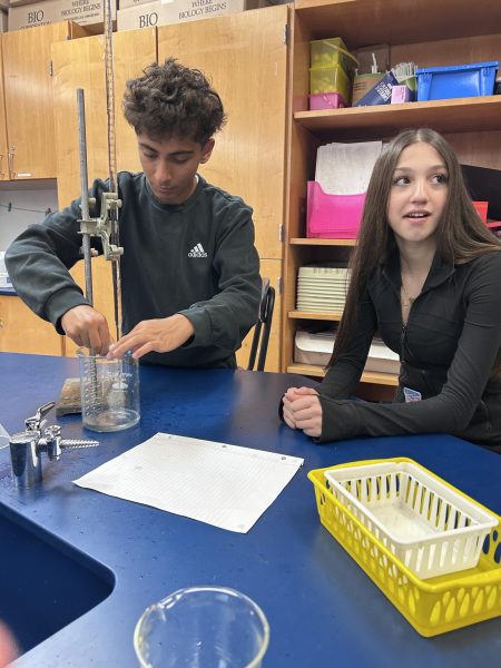  While working on a lab in chemistry sophomore Aiden Saif and junior Rosella Najar work together to conduct a lab experiment. Together they work to show how to do the experiment right by using the right tools. 
