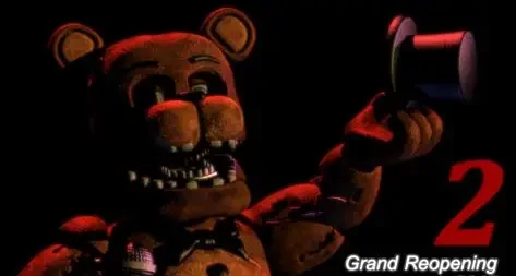 This promotional poster in theatres shows Toy Freddy in the animatronic suit, created by Jim Henson’s Creature Shop.

