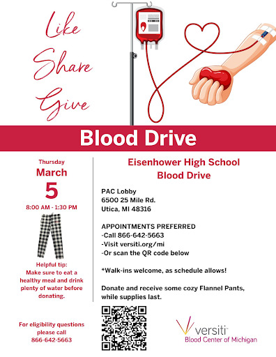 On Thursday, March 5th, the annual blood drive will be hosted between students and staff proposing the opportunity during lunches and classes to donate blood.  
